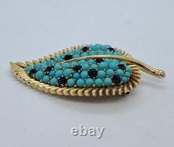 Vtg Crown Trifari A. Philippe Leaf Pin W Faux Turquoise & Sapphire Rhinestones