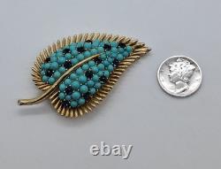 Vtg Crown Trifari A. Philippe Leaf Pin W Faux Turquoise & Sapphire Rhinestones