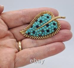 Vtg Crown Trifari A. Philippe Leaf Pin W Faux Turquoise & Sapphire Rhinestones