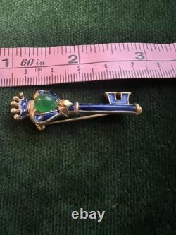 Vtg Crown Trifari Alfred Philippe Blue Enamel Green Cabochon Key Jelly Belly