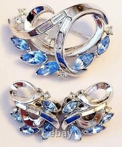 Vtg Crown Trifari Alfred Philippe Blue and Clear Rhinestone Brooch & Earring Set