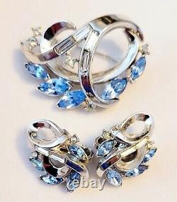 Vtg Crown Trifari Alfred Philippe Blue and Clear Rhinestone Brooch & Earring Set