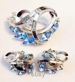 Vtg Crown Trifari Alfred Philippe Blue and Clear Rhinestone Brooch & Earring Set