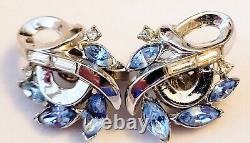 Vtg Crown Trifari Alfred Philippe Blue and Clear Rhinestone Brooch & Earring Set