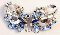 Vtg Crown Trifari Alfred Philippe Blue and Clear Rhinestone Brooch & Earring Set