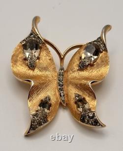 Vtg Crown Trifari Alfred Philippe Butterfly Brooch Smoky Rhinestone Pin GoldTone