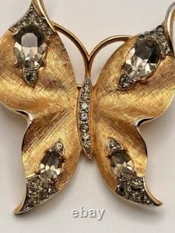 Vtg Crown Trifari Alfred Philippe Butterfly Brooch Smoky Rhinestone Pin GoldTone