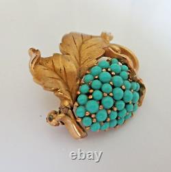 Vtg Crown Trifari Alfred Philippe Gold Tone Blueberry Turquoise Brooch Pin Rare