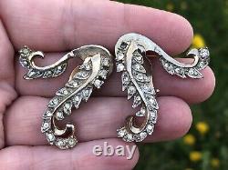 Vtg Crown Trifari Alfred Philippe Leaf Floral Glass Rhinestone Climber Earrings