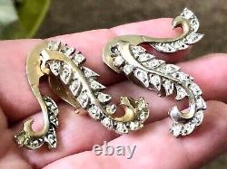 Vtg Crown Trifari Alfred Philippe Leaf Floral Glass Rhinestone Climber Earrings