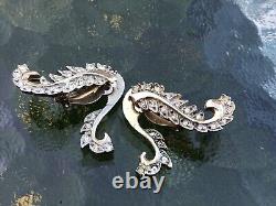 Vtg Crown Trifari Alfred Philippe Leaf Floral Glass Rhinestone Climber Earrings