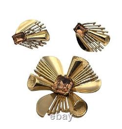 Vtg. Crown Trifari Alfred Philippe MCM Amber Rhinestone Brooch & Earring Set