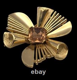 Vtg. Crown Trifari Alfred Philippe MCM Amber Rhinestone Brooch & Earring Set