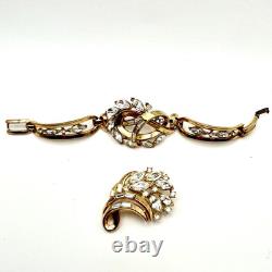 Vtg Crown Trifari Alfred Philippe Panel Bracelet Brooch Demi Set Rhinestones