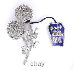Vtg Crown Trifari Alfred Philippe Rhinestone 2 Bloom Flower Brooch NOS Orig Tag