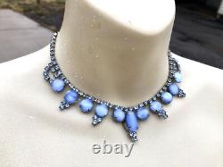 Vtg Crown Trifari Alfred Philippe Translucent Blue Moonstone Glass Necklace Sign