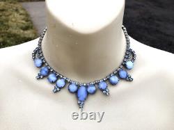 Vtg Crown Trifari Alfred Philippe Translucent Blue Moonstone Glass Necklace Sign
