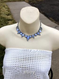 Vtg Crown Trifari Alfred Philippe Translucent Blue Moonstone Glass Necklace Sign