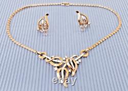 Vtg Crown Trifari Alfred Philippe White Rhinestone Gold tone Necklace Earrings