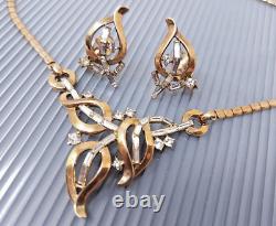 Vtg Crown Trifari Alfred Philippe White Rhinestone Gold tone Necklace Earrings