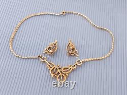 Vtg Crown Trifari Alfred Philippe White Rhinestone Gold tone Necklace Earrings
