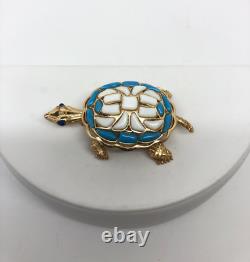 Vtg Crown Trifari Modern Mosaics Blue White Glass gold Tone Turtle Brooch Signed