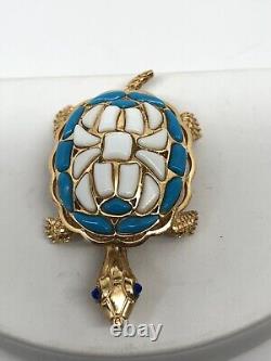 Vtg Crown Trifari Modern Mosaics Blue White Glass gold Tone Turtle Brooch Signed