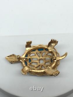 Vtg Crown Trifari Modern Mosaics Blue White Glass gold Tone Turtle Brooch Signed
