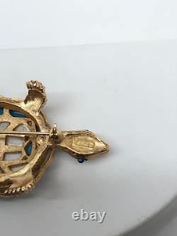 Vtg Crown Trifari Modern Mosaics Blue White Glass gold Tone Turtle Brooch Signed