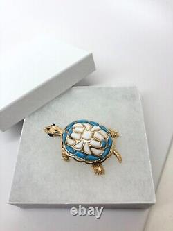 Vtg Crown Trifari Modern Mosaics Blue White Glass gold Tone Turtle Brooch Signed