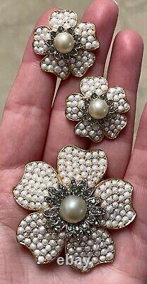 Vtg Crown Trifari Philippe Pearl & Black Diamond Flower Brooch Earrings Set