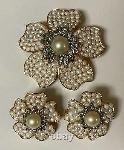 Vtg Crown Trifari Philippe Pearl & Black Diamond Flower Brooch Earrings Set