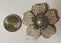 Vtg Crown Trifari Philippe Pearl & Black Diamond Flower Brooch Earrings Set