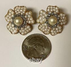 Vtg Crown Trifari Philippe Pearl & Black Diamond Flower Brooch Earrings Set