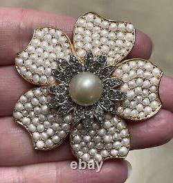 Vtg Crown Trifari Philippe Pearl & Black Diamond Flower Brooch Earrings Set