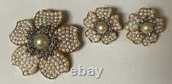 Vtg Crown Trifari Philippe Pearl & Black Diamond Flower Brooch Earrings Set