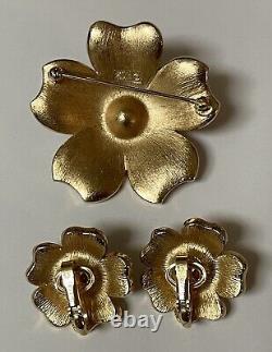 Vtg Crown Trifari Philippe Pearl & Black Diamond Flower Brooch Earrings Set