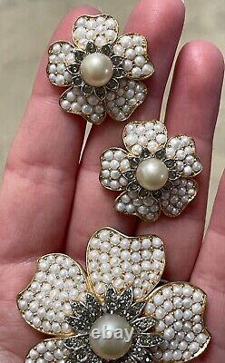 Vtg Crown Trifari Philippe Pearl & Black Diamond Flower Brooch Earrings Set