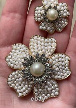 Vtg Crown Trifari Philippe Pearl & Black Diamond Flower Brooch Earrings Set