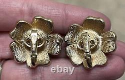 Vtg Crown Trifari Philippe Pearl & Black Diamond Flower Brooch Earrings Set