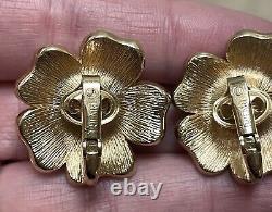 Vtg Crown Trifari Philippe Pearl & Black Diamond Flower Brooch Earrings Set