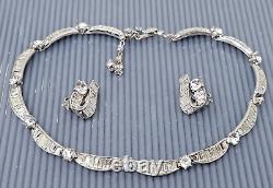 Vtg Crown Trifari White Rhinestone Silvertone Alfred Philippe Necklace Earrings