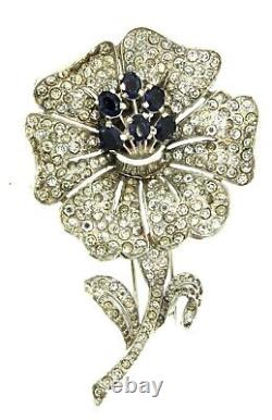 Vtg Philippe TRIFARI Pave Rhinestone Sapphire FLOWER Figural Brooch Pin FUR CLIP