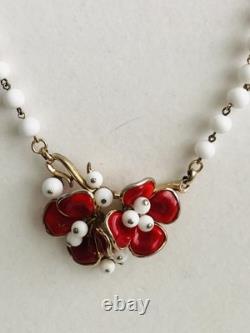 Vtg Rare Crown Trifari Alfred Philippe Red Pured Glass Flower Necklace