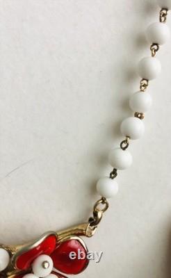 Vtg Rare Crown Trifari Alfred Philippe Red Pured Glass Flower Necklace