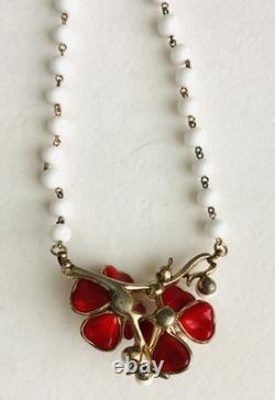 Vtg Rare Crown Trifari Alfred Philippe Red Pured Glass Flower Necklace