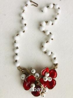 Vtg Rare Crown Trifari Alfred Philippe Red Pured Glass Flower Necklace
