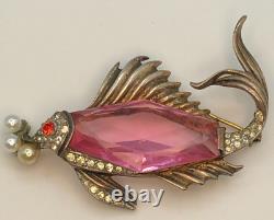Vtg Rare Pink Glass Crown TRIFARI Sterling Fish Brooch Alfred Philippe Design