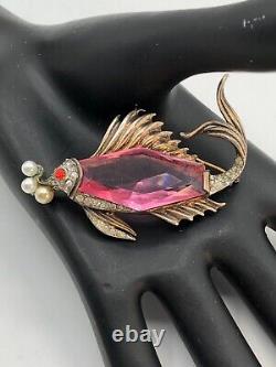 Vtg Rare Pink Glass Crown TRIFARI Sterling Fish Brooch Alfred Philippe Design