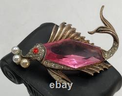 Vtg Rare Pink Glass Crown TRIFARI Sterling Fish Brooch Alfred Philippe Design
